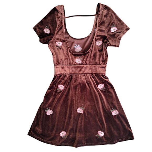 HONEY BELLE | Copper Brown Velvet Floral Fit And Flare Scoop Neck Corset Dress L - Picture 4 of 16